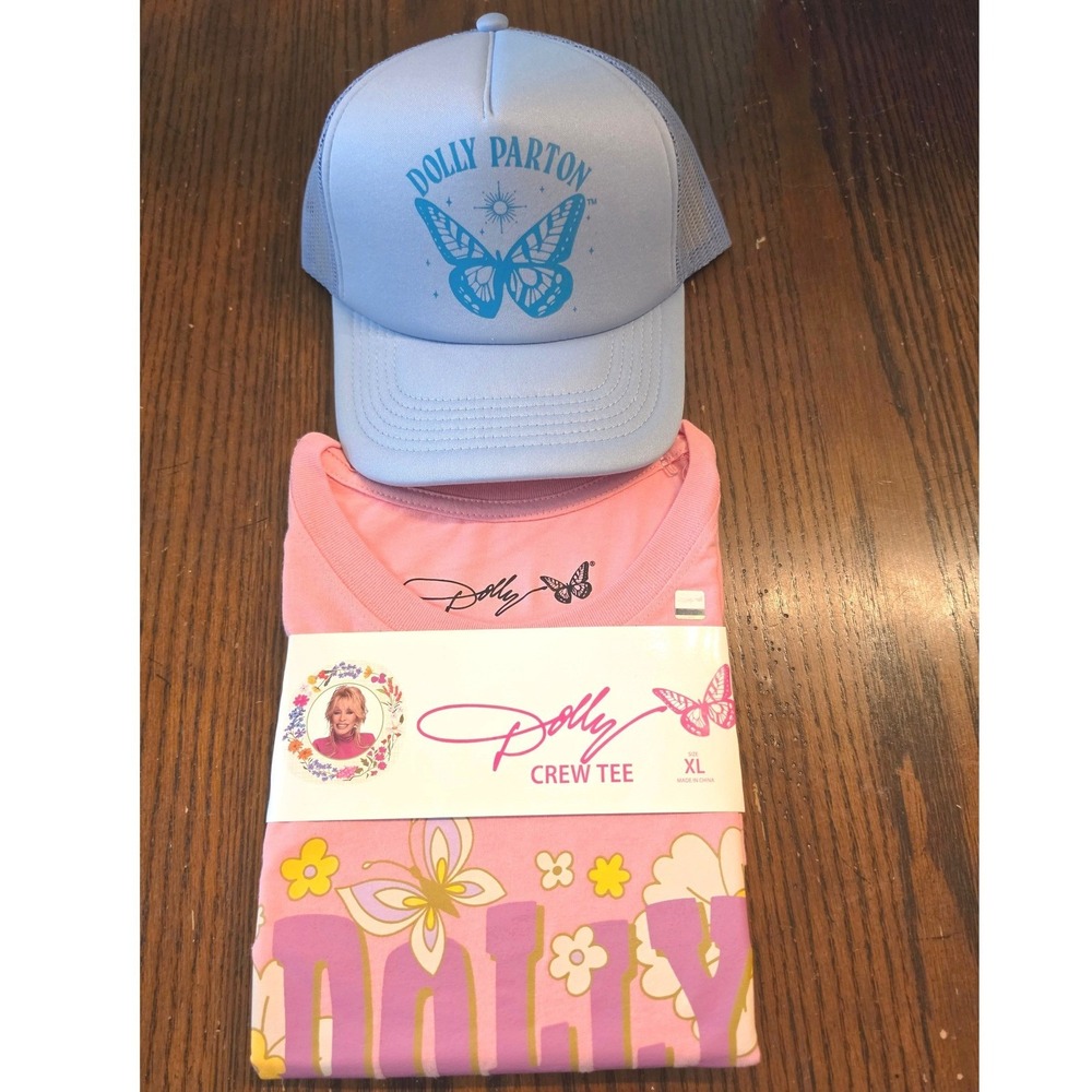 Dolly Parton Pink Graphic T-Shirt XL and Blue Butterfly Trucker Hat Set NEW